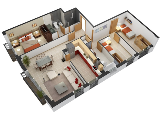 Denah Rumah Minimalis 3 kamar tidur 3D