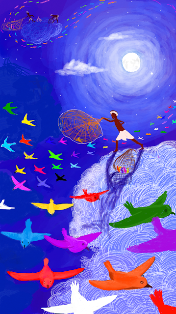 Dreamscape: Fishermen's Dance with Birds in the Clouds - A Whimsical Imaginary Painting