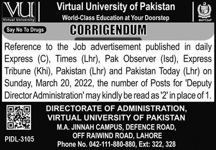 Latest Virtual University of Pakistan Admin Clerical Posts Lahore 2022