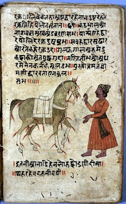 Painting, a man and a horse, Sanskrit scripts in background