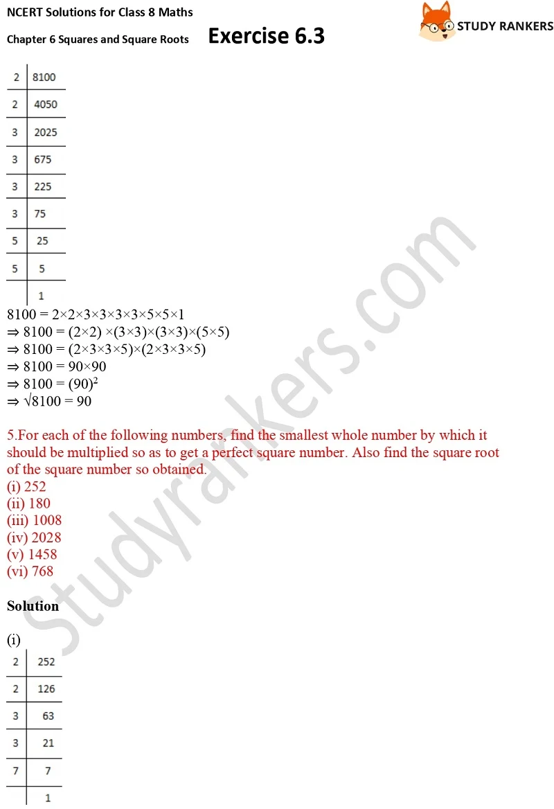 NCERT Solutions for Class 8 Maths Ch 6 Squares and Square Roots Exercise 6.3 7