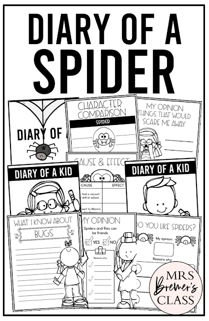 Diary of a Spider book activities unit with literacy printables, reading companion worksheets, lesson ideas, for First Grade and Second Grade