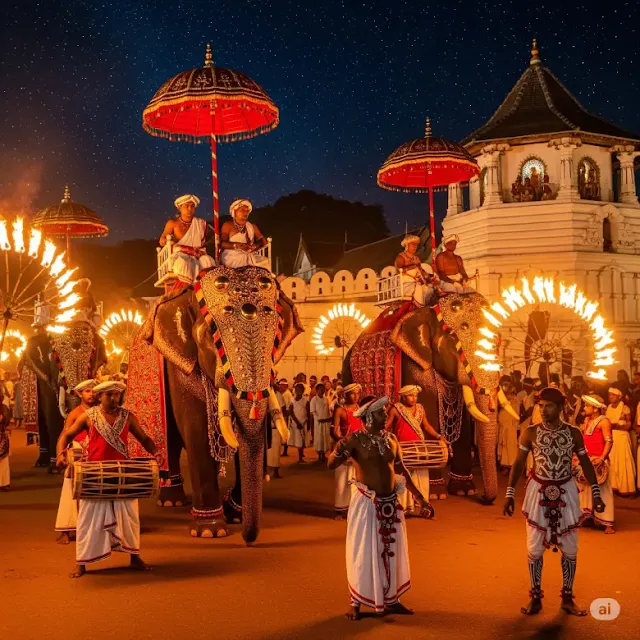 Esala Perahera festival at Kandy Temple of the Tooth with elephants and dancers