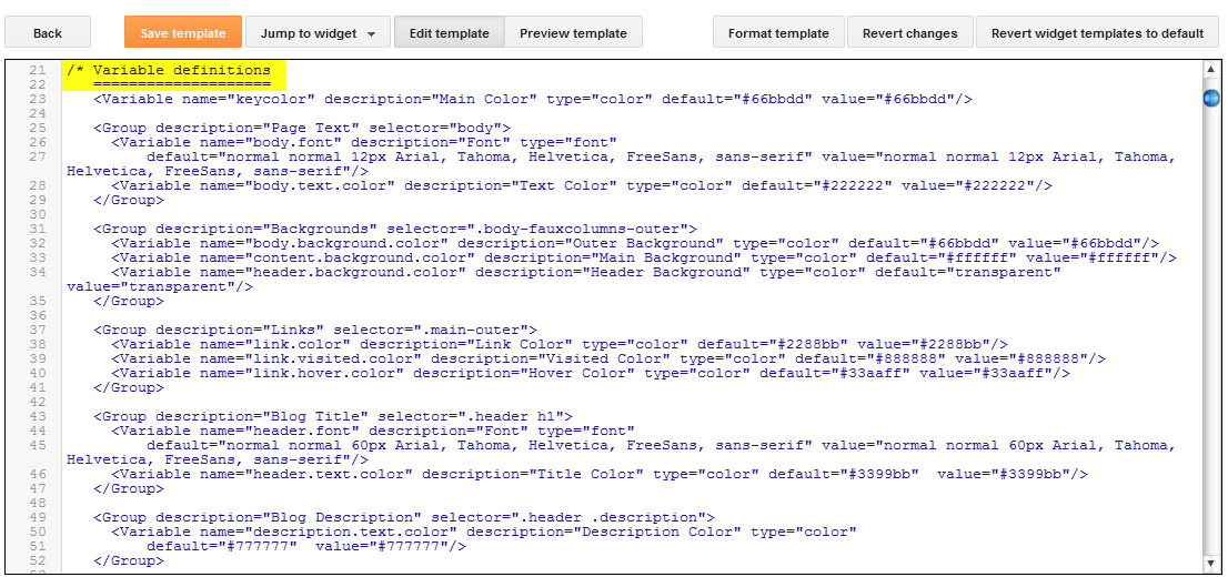 how to create custom variable definitions for Blogger variable definitions