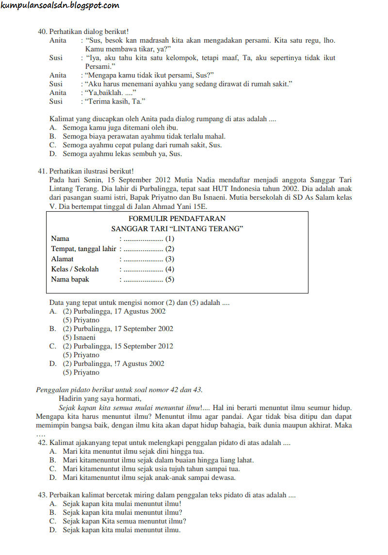 Soal US Bahasa Indonesia SD dan Kunci Jawaban 2014 