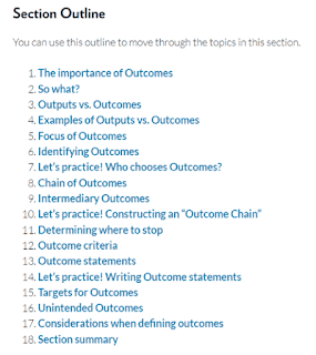 Example of an Outline for one component of the Logic Model Course, with 18 clickable topics