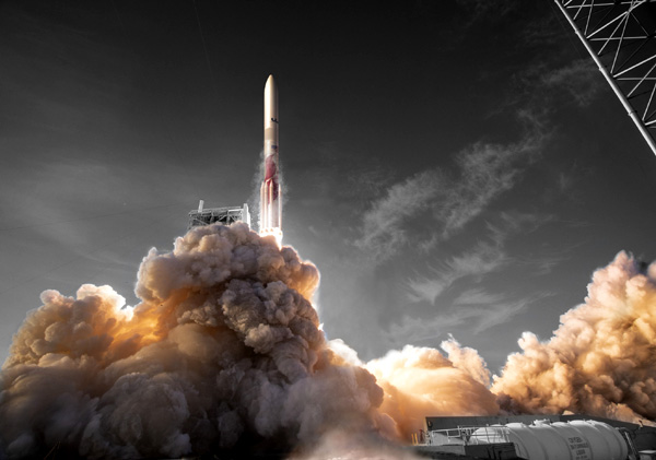 An artist's concept of ULA's Vulcan Centaur rocket lifting off from Cape Canaveral Space Force Station in Florida.