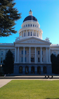 California State Capitol Building, tall building front collonade looking up to a high domed roof. Building set in parkland, looking across lawns and tall tree to left of image.