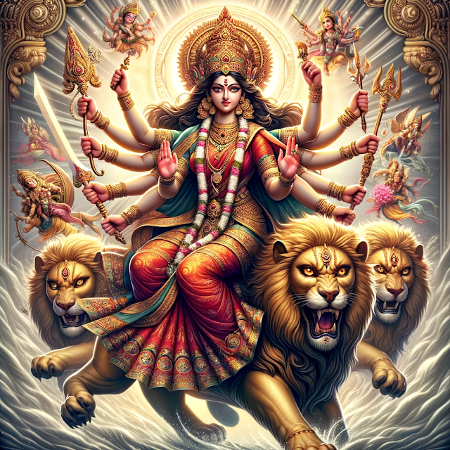 A majestic and detailed illustration of Goddess Durga, a revered deity in Hinduism known for her strength and power. Durga is depicted with eight arms