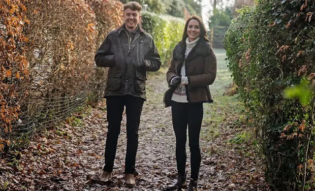 Princess of Wales wore a Darwin shearling coat by LK Bennett, and a Fairisle knit sweater by Holland Cooper. Madewell boots