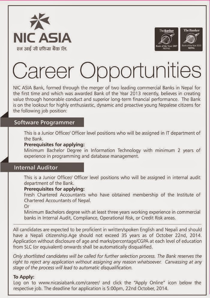 Career Opportunities - NIC ASIA Bank  Jobs in Nepal