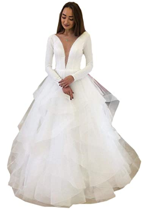 Long Sleeve Tulle Satin Sequins Corset Bridal Gowns - Ruffles Train A line