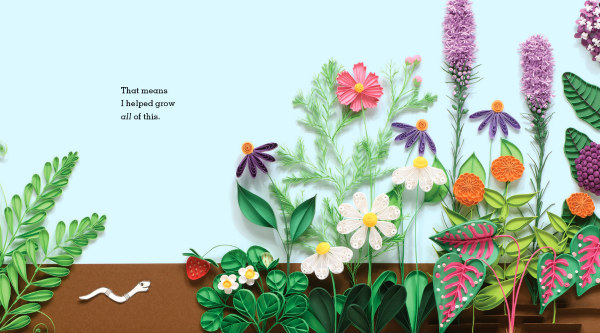 book page image features colorful quilled flower garden and earthworm