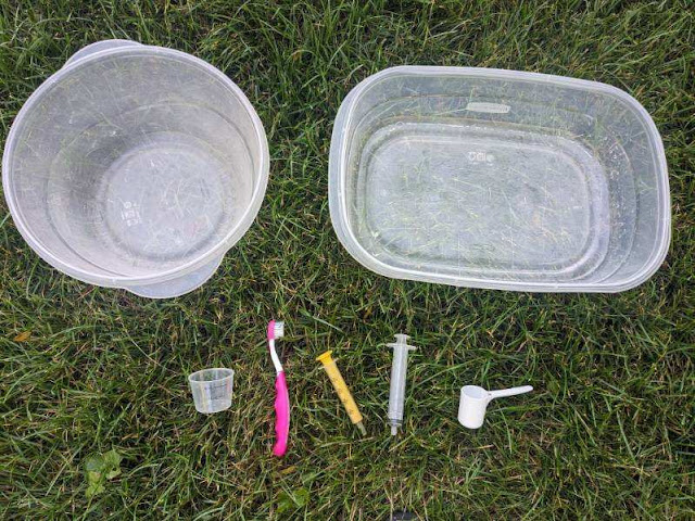 plastic containers, scoops, toothbrush and cup laying on grass.