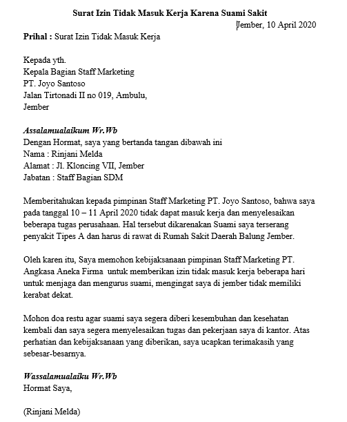 16 Contoh Surat Izin Tidak Masuk Kerja 100 Pasti Di Izini Oleh Pimpinanmu