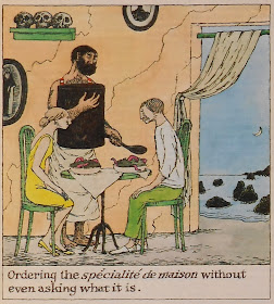 A color illustration showing a man and woman in a sea-side restaurant being served a plate of black sludge with red tentacles creeping out of it.