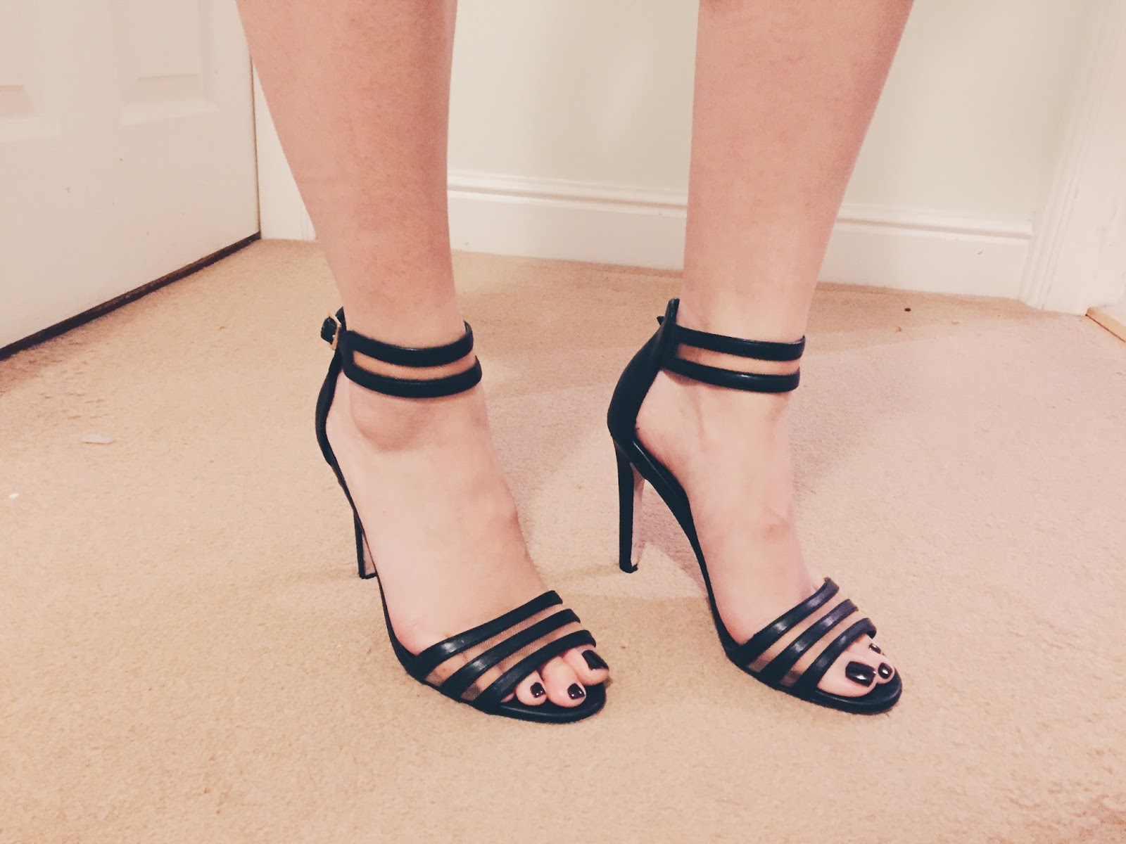 black strappy shoes, high heels, 