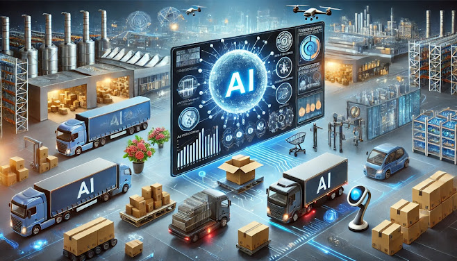 An illustration of AI-powered supply chain management with digital dashboards, automated warehouses, and interconnected logistics networks