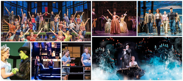 collage - Kinky Boots, Wicked, Dear Evan Hansen, Waitress, The Phantom Of The Opera, Come From Away, Hamilton