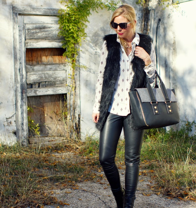 Faux fur vest and black leather leggings