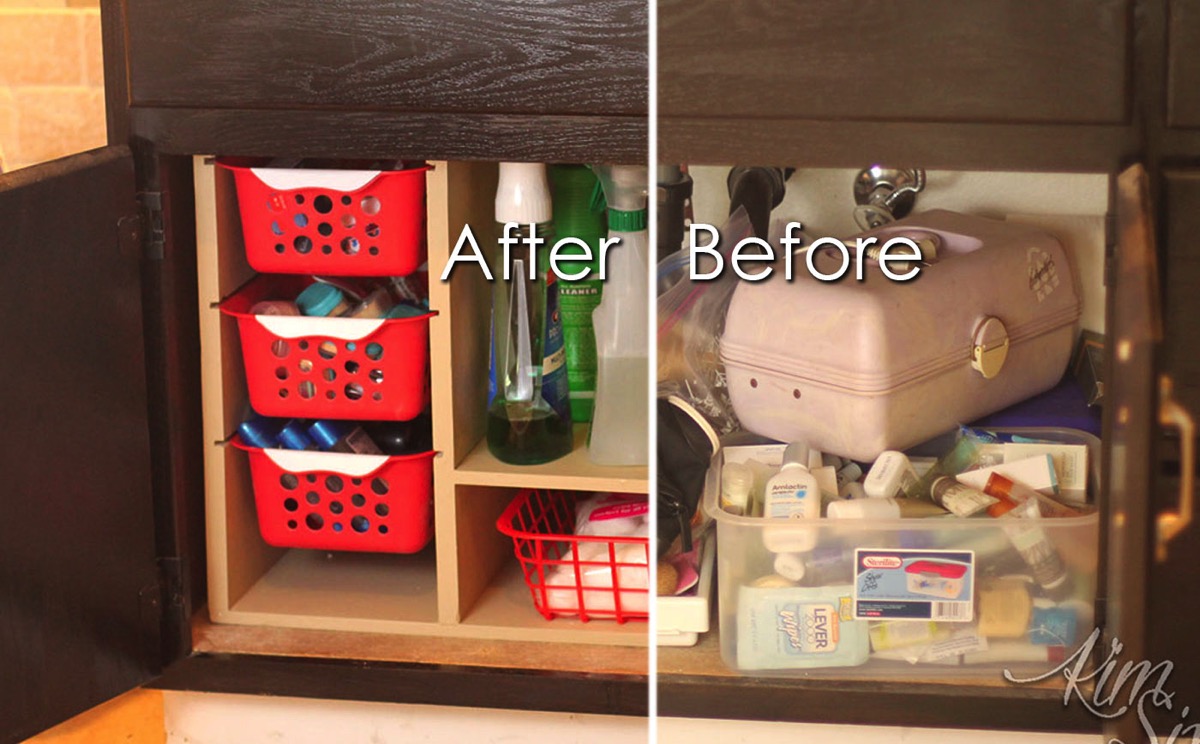 Undersink cabinet organized with dollar store baskets