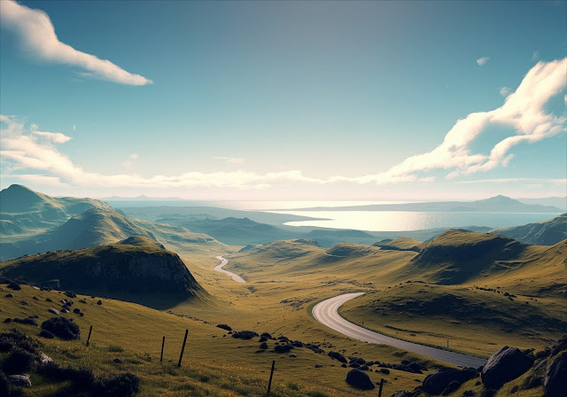 Scenic view of rolling green hills, a winding road, and a shimmering lake under a clear sky with soft clouds.