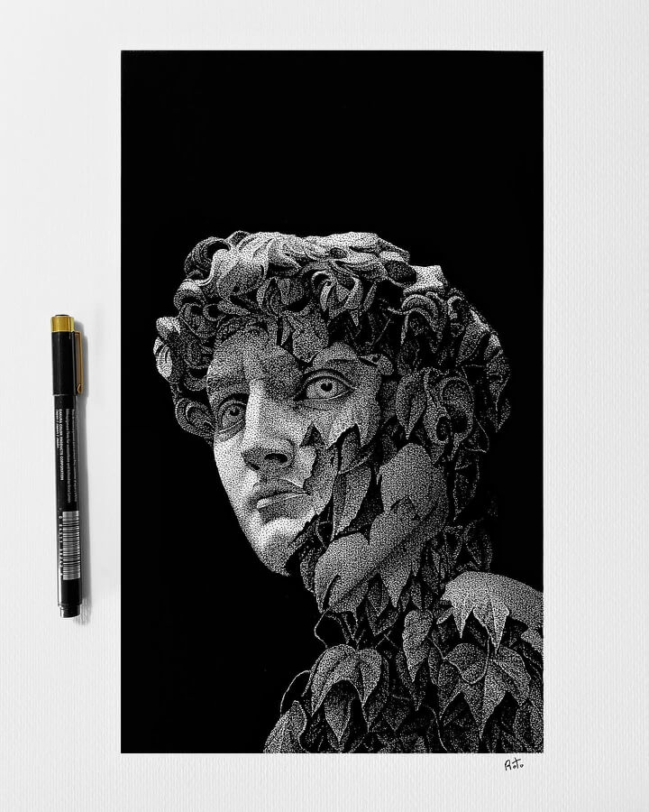 09-Nature-and-the-statue-Stippling-Dotwork-Drawings-Rostislaw-Tsarenko-www-designstack-co