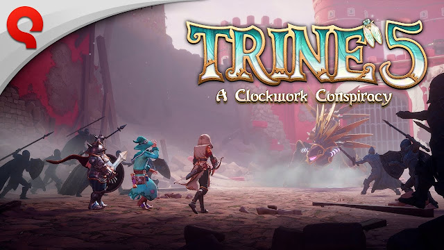 Arte de Trine 5: The Clockwork Conspiracy mostrando os heróis do game rumo a batalhas