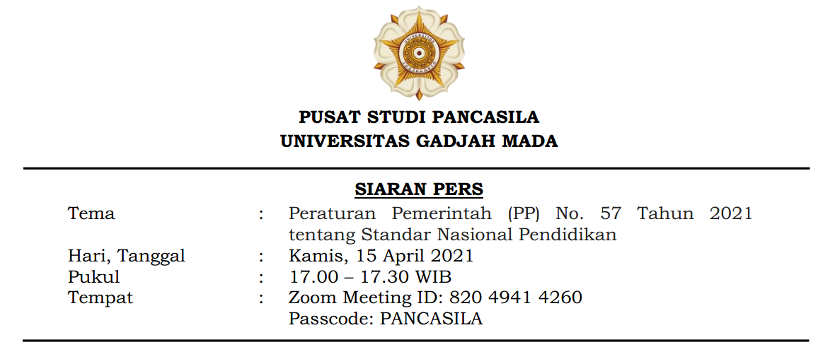 Siaran Pers PSP UGM Terkait PP Nomor 57 Tahun 2021 Tentang Standar Pendidikan Nasional