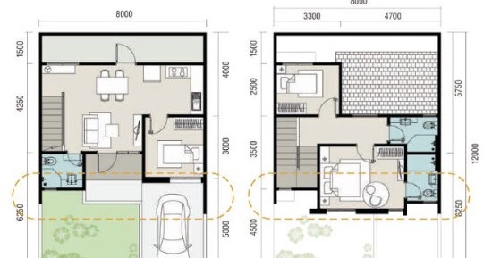 Denah rumah  minimalis ukuran  8x12  meter 3 kamar tidur 2  