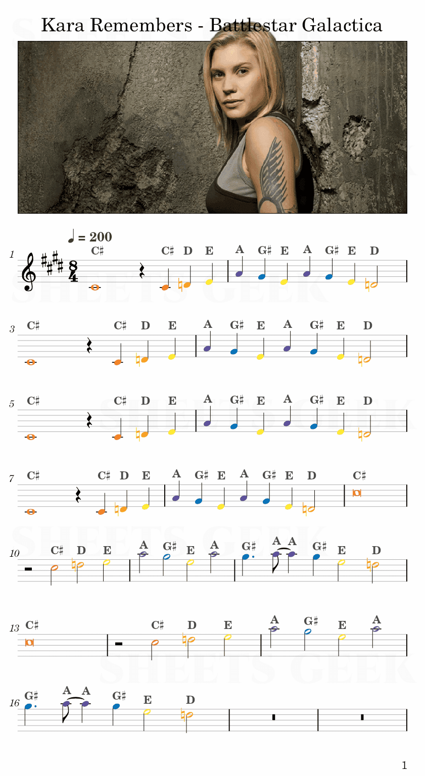Kara Remembers - Battlestar Galactica Easy Sheet Music Free for piano, keyboard, flute, violin, sax, cello page 1