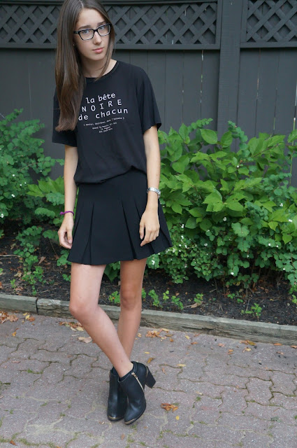 Black Zara top, Topshop skirt, Material Girl Boots