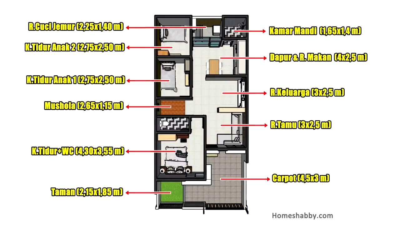 Desain dan Denah Rumah Minimalis Modern 7X14 M dengan 3 Kamar Tidur Juga Ada Mushola Dalamnya ~ Homeshabby.com : Design Home Plans, Home Decorating and Interior Design - Denah Rumah 7x14 3 Kamar Tidur