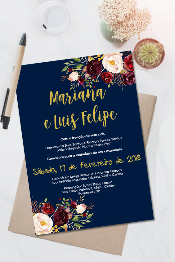 Convite casamento marsala floral editavel no word