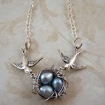 Silver Double My Love Bird Nest Necklace Blue Pearl Eggs