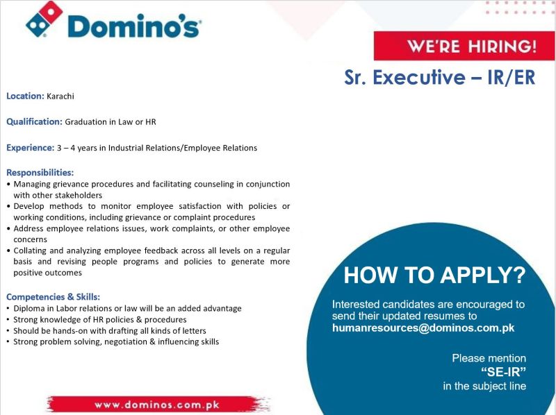 Domino’s Pizza Pakistan Jobs For Sr. Executive - IR/ER
