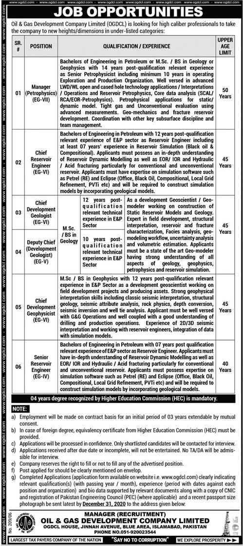 Oil & Gas Development Company Limited OGDCL Jobs 2020 | allsindhjobz