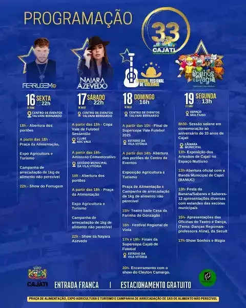 Prefeitura de Cajati divulga programação da festa dos 33 anos do município