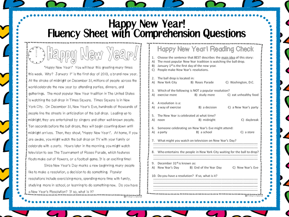 Happy New Year Reading Prehension Classroom Freebies