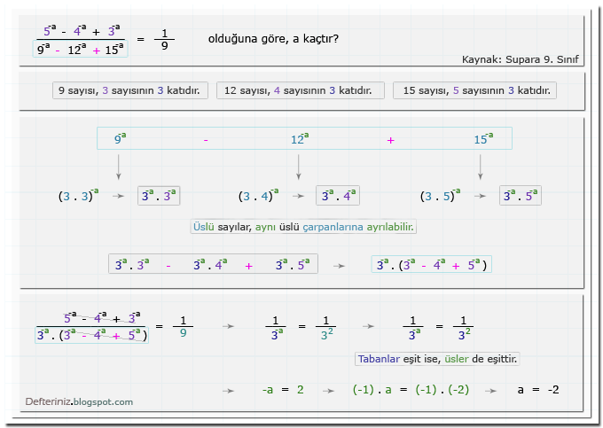 Örnek soru 5 » Üslü denklemler » Taban çarpanları, paranteze alma (Kaynak: Supara 9. Sınıf).