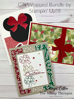 Three cards with Stampin' Up!®'s Gift Wrapped Bundle.  Details on the blog with link to video!  #StampinUp #StampTherapist