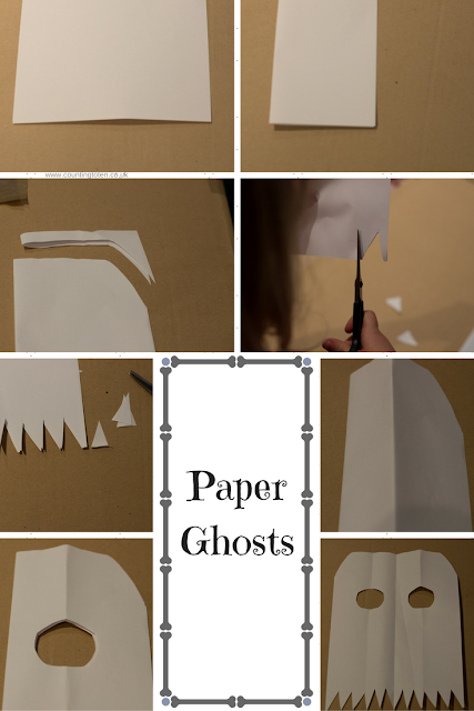 Photographs to illustrate how to make paper ghosts as described below