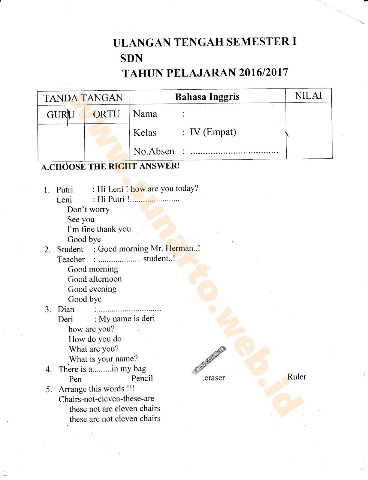 UTS Ujian Tengah Semester Bahasa Inggris Halaman 1 SD Kelas 4 TA 2016 2017 Kurikulum2013