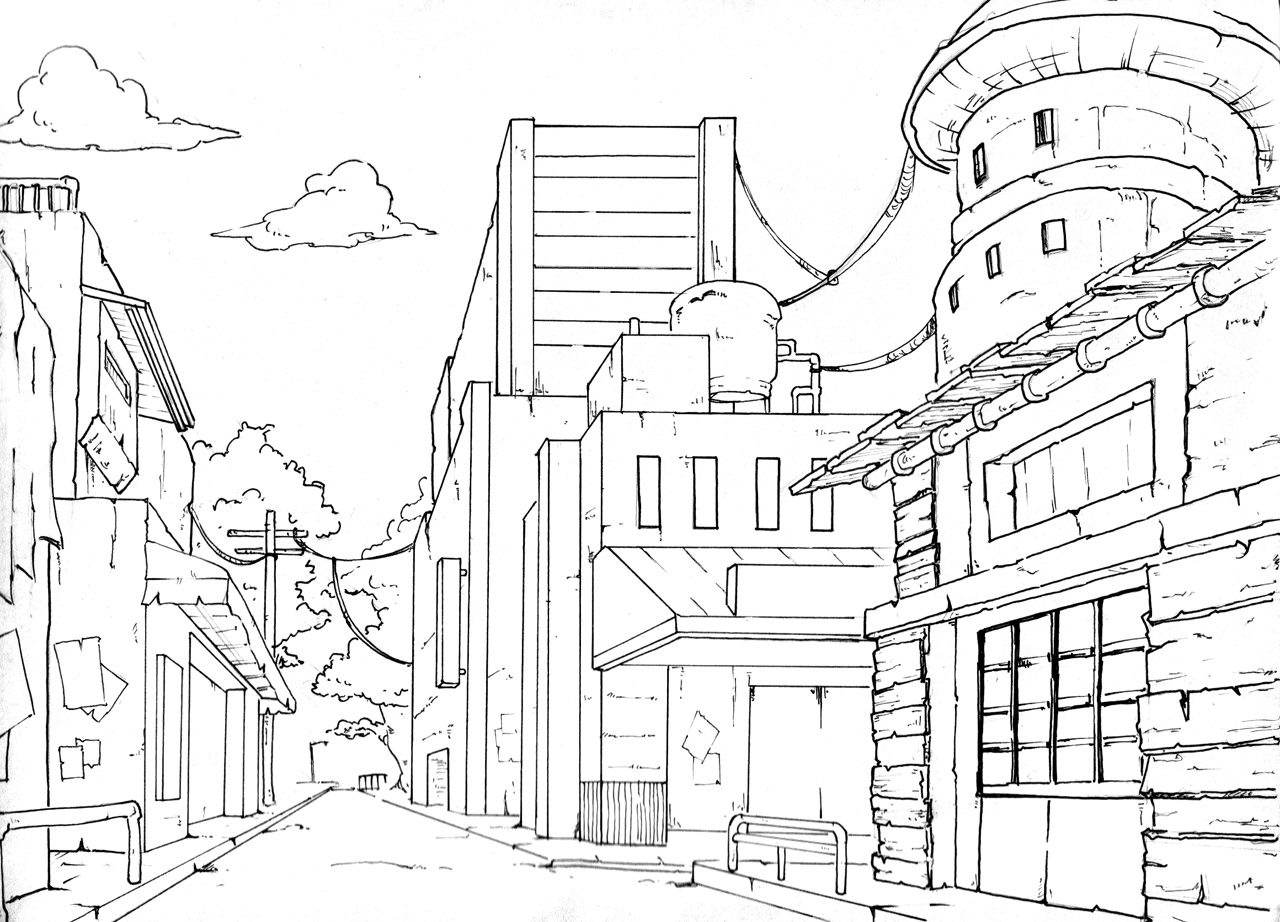 One Point Perspective Drawing Buildings