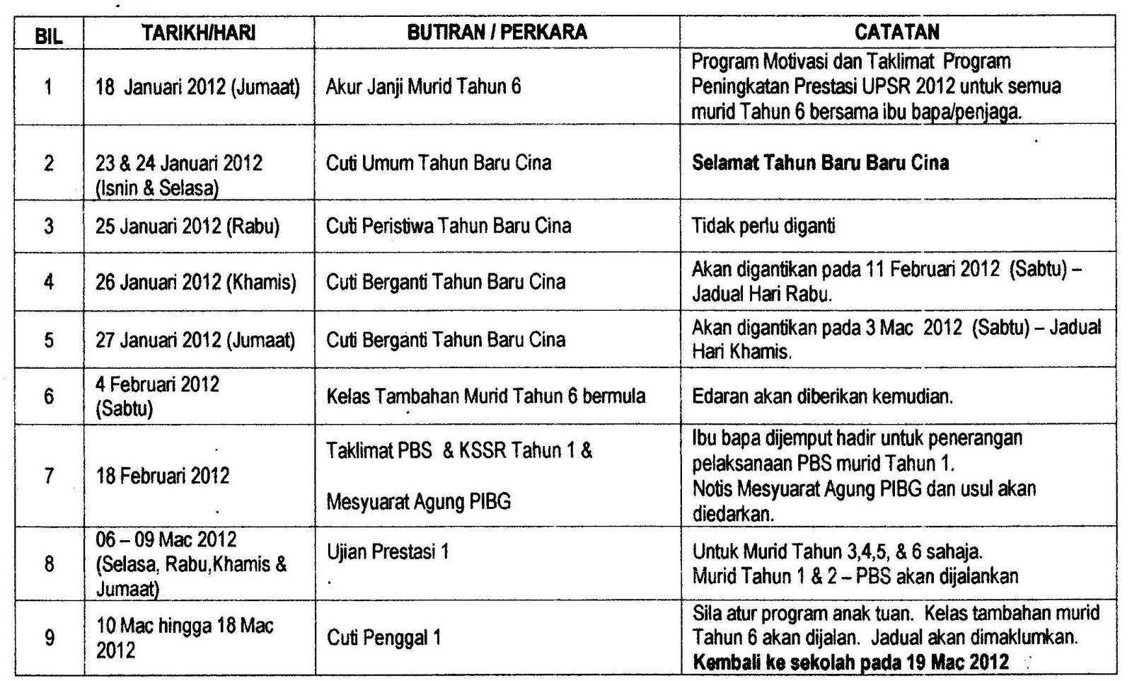 BULETIN SK BUKIT RIMAU: PERINGATAN MAKLUMAN CUTI