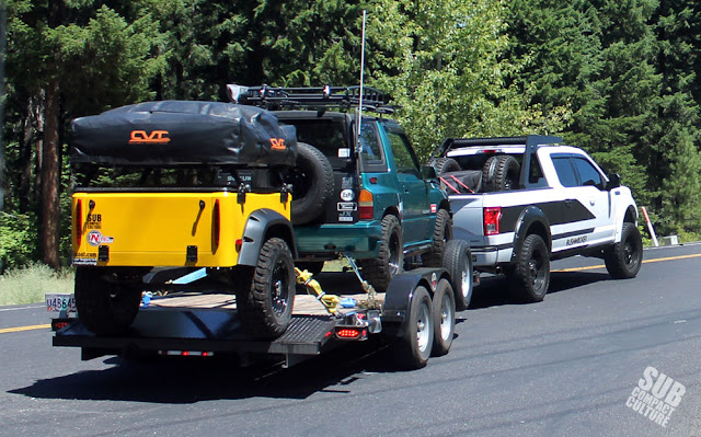 The Teal Terror getting a ride to the NW Overland Rally