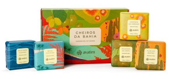 O kit Cheiros da Bahia é composto por sabonetes em barra que representam os ecossistemas brasileiros presentes no território baiano