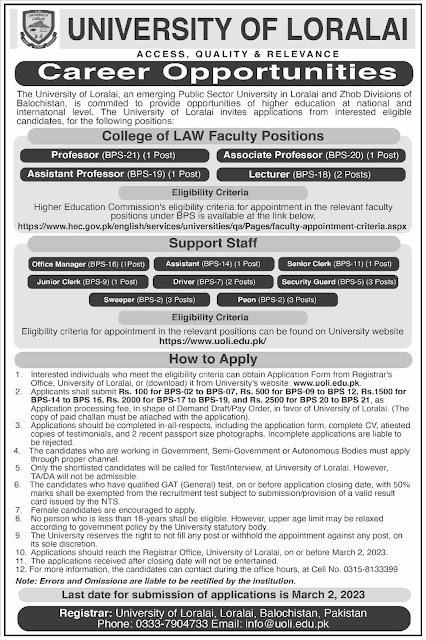 Latest Job Positions Available at University of Loralai