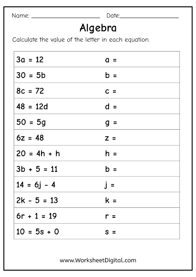 Algebra - Calculate the value of the letter in each equation