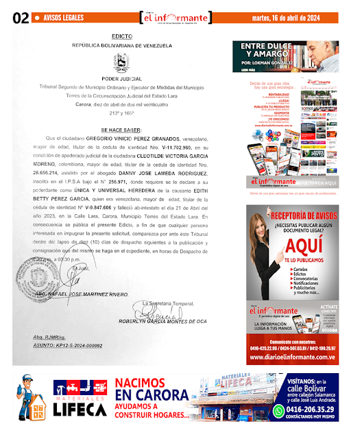 CARTEL DE NOTIFICACIÓN DE ÚNICA y UNIVERSL HEREDERA, la ciudadana EDITH BETTY PEREZ GARCIA, Cédula de identidad Nº. V- 9.847.606.